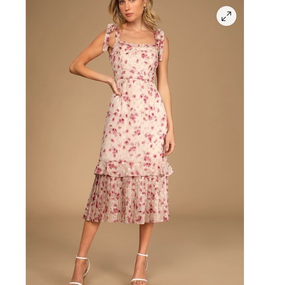 Lulus Terrace Views Taupe Floral Print Tiered Midi Dress